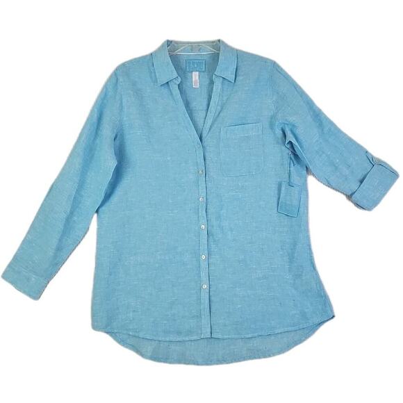 Sigrid Olsen~Woman Size~M~Linen Shirt Long Sleeve Roll Tab Blue Beachy Lagenlook - Picture 5 of 16